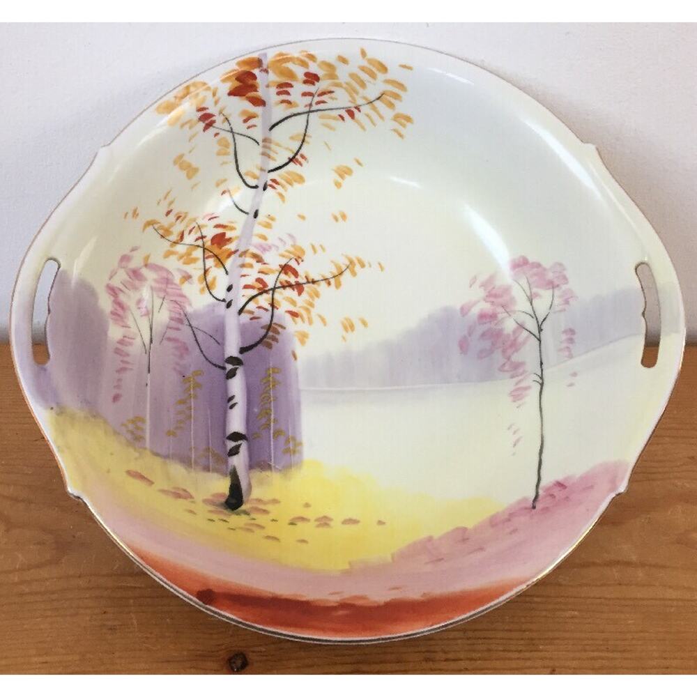 Vtg Japanese Hand Painted Nippon Birch Mountain Lake Porcelain Serving Dish 10"